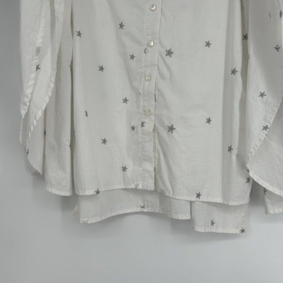 Lucky Brand Off The Shoulder Top White Silver Star Embroidered Button Up Size M - Picture 5 of 11